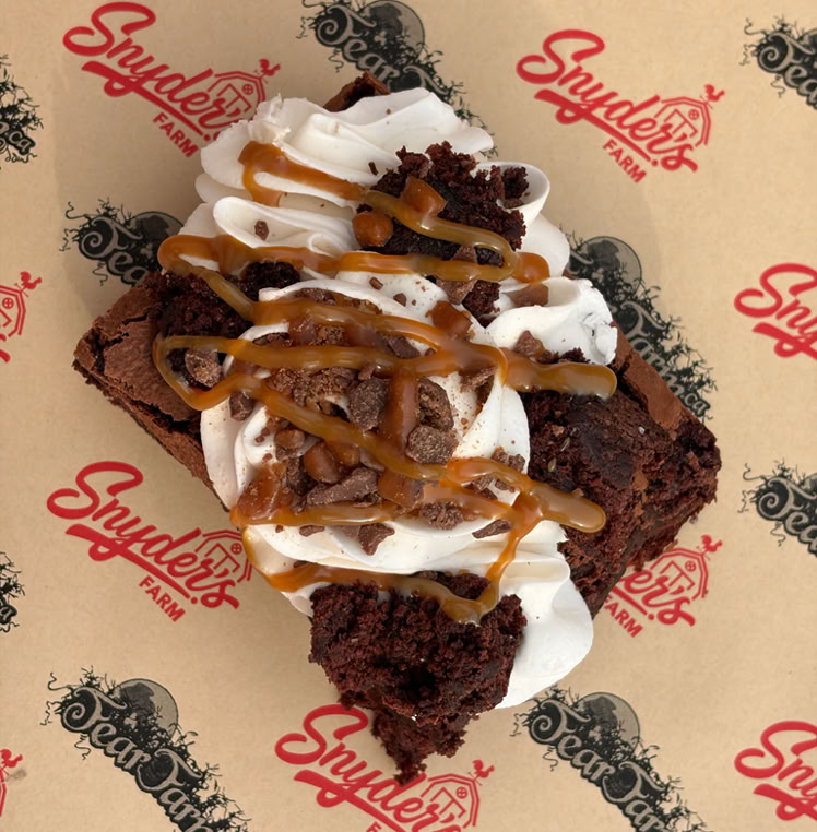 A brownie topped with white icing and red and green candy pieces on a wooden plate.